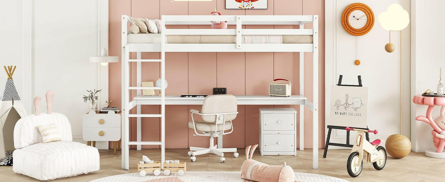 Eco-Friendly Twin Loft Bed with Desk and Storage in White