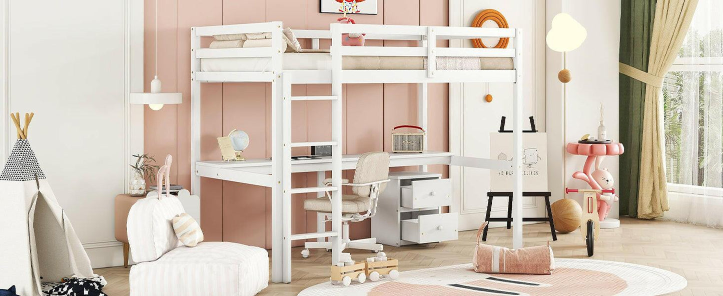 Eco-Friendly Twin Loft Bed with Desk and Storage in White