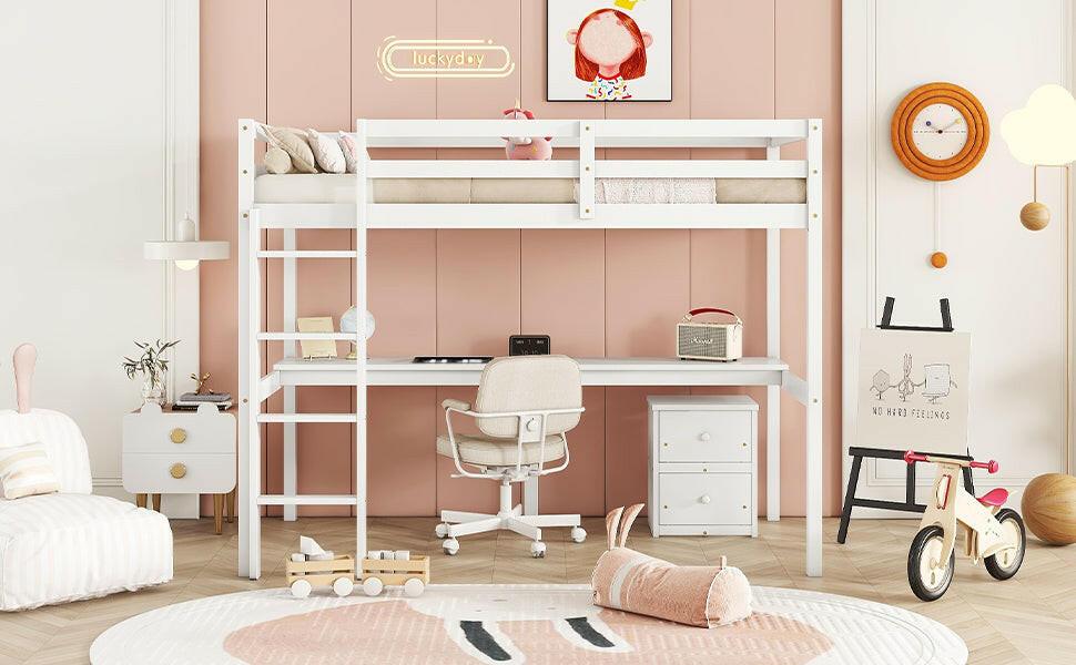 Eco-Friendly Twin Loft Bed with Desk and Storage in White