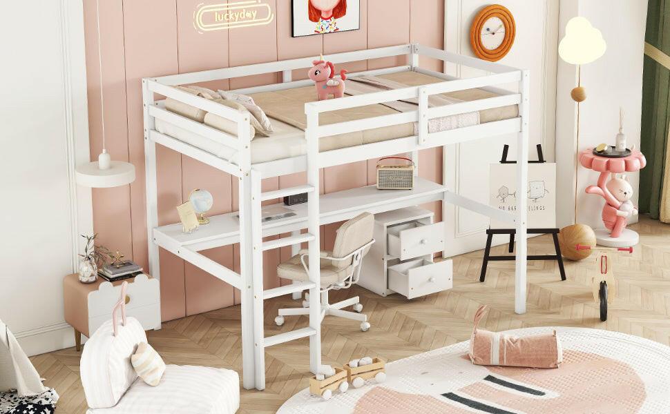 Eco-Friendly Twin Loft Bed with Desk and Storage in White