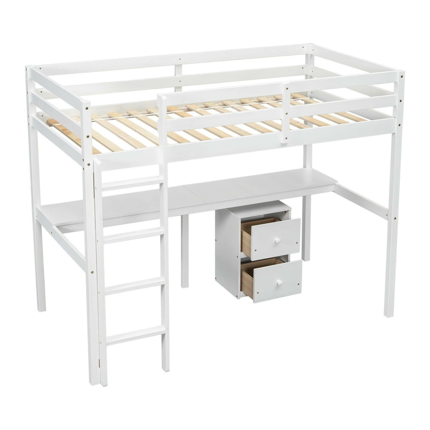 Eco-Friendly Twin Loft Bed with Desk and Storage in White