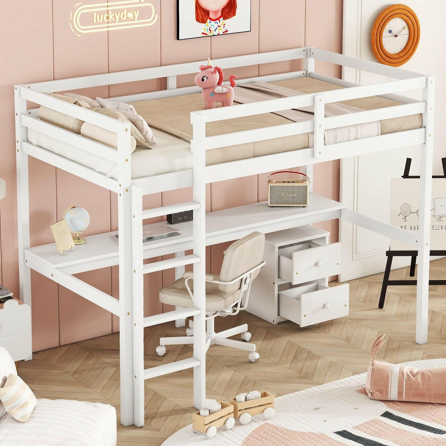 Eco-Friendly Twin Loft Bed with Desk and Storage in White