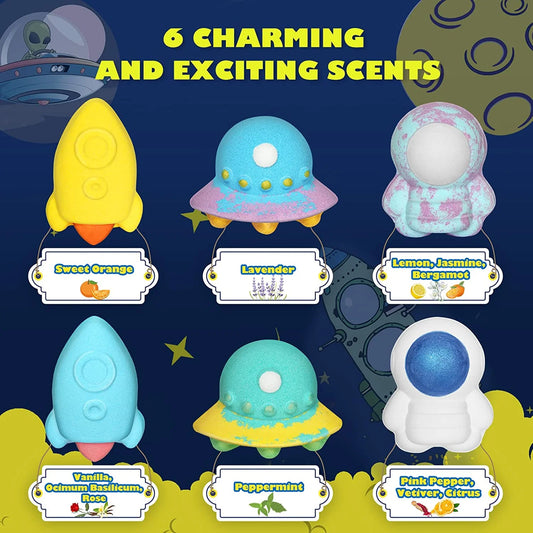 Space-Themed Bath Bombs for Kids - 6 Pack of Safe & Gentle Bubble Toys, Perfect Birthday or Christmas Gift for Boys and Girls Ages 3+